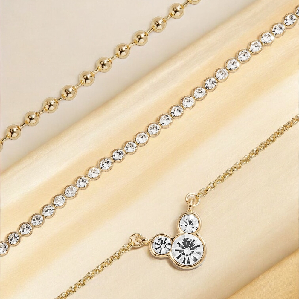 NEW Disney Mickey Mouse 3 Pieces Cohesive Chains Layered Necklace Gold/Pavé NWT